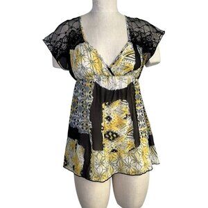 Sushiflower Womens Abstract Babydoll Top Size M Lace Asian‎ Inspired Coquette